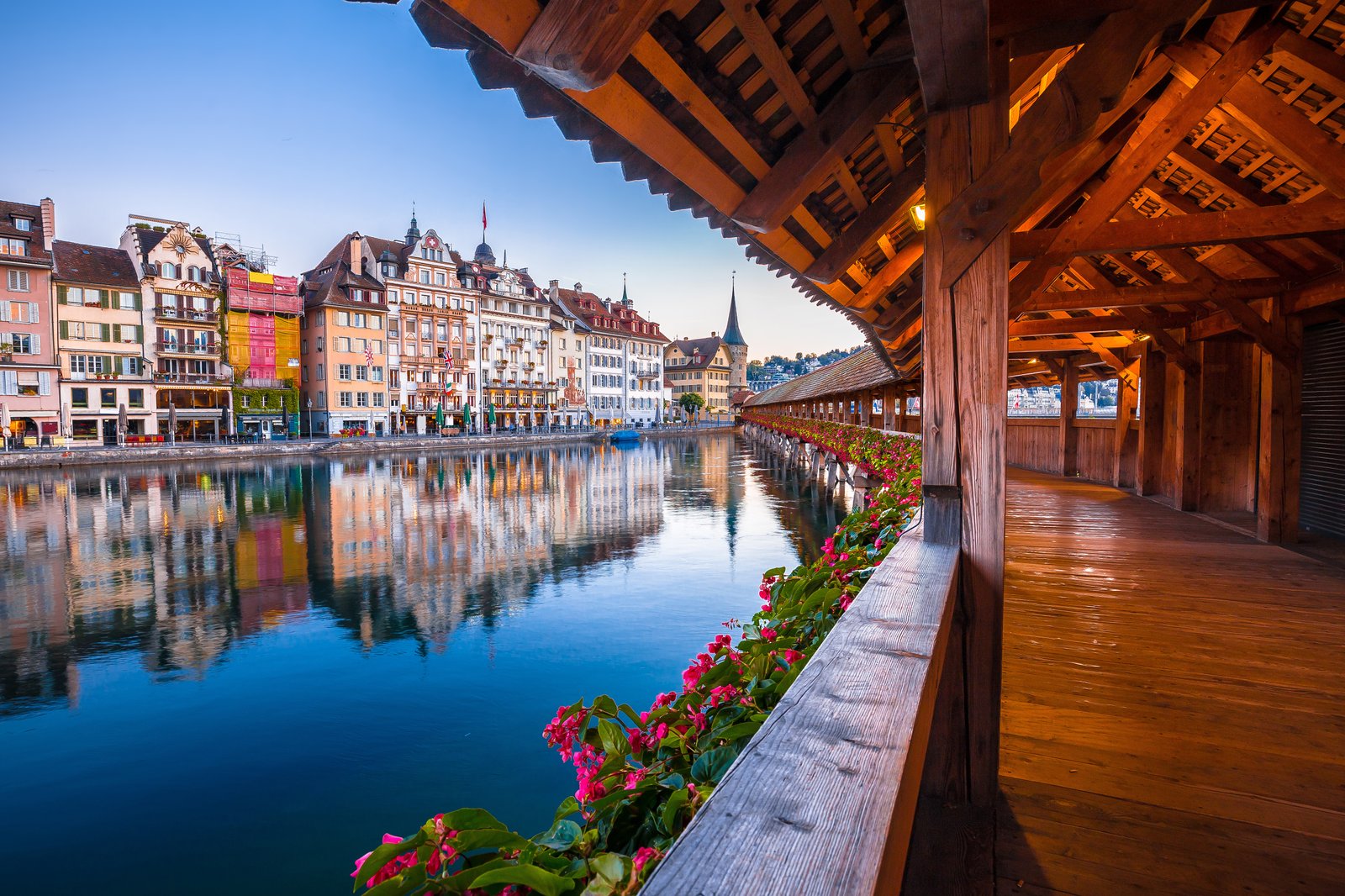 The iconic Chapel Bridge in Lucerne, Switzerland